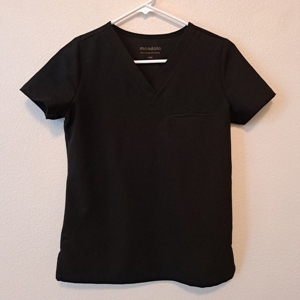 Mandala Black V-Neck Scrub Top Equa-Tek Antimicrobial XXS Medical Uniform